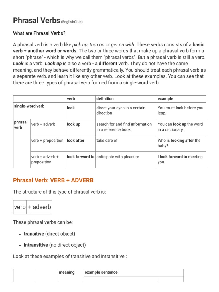 Phrasal Verbs - Grammar - EnglishClub | PDF | Phrase | Verb
