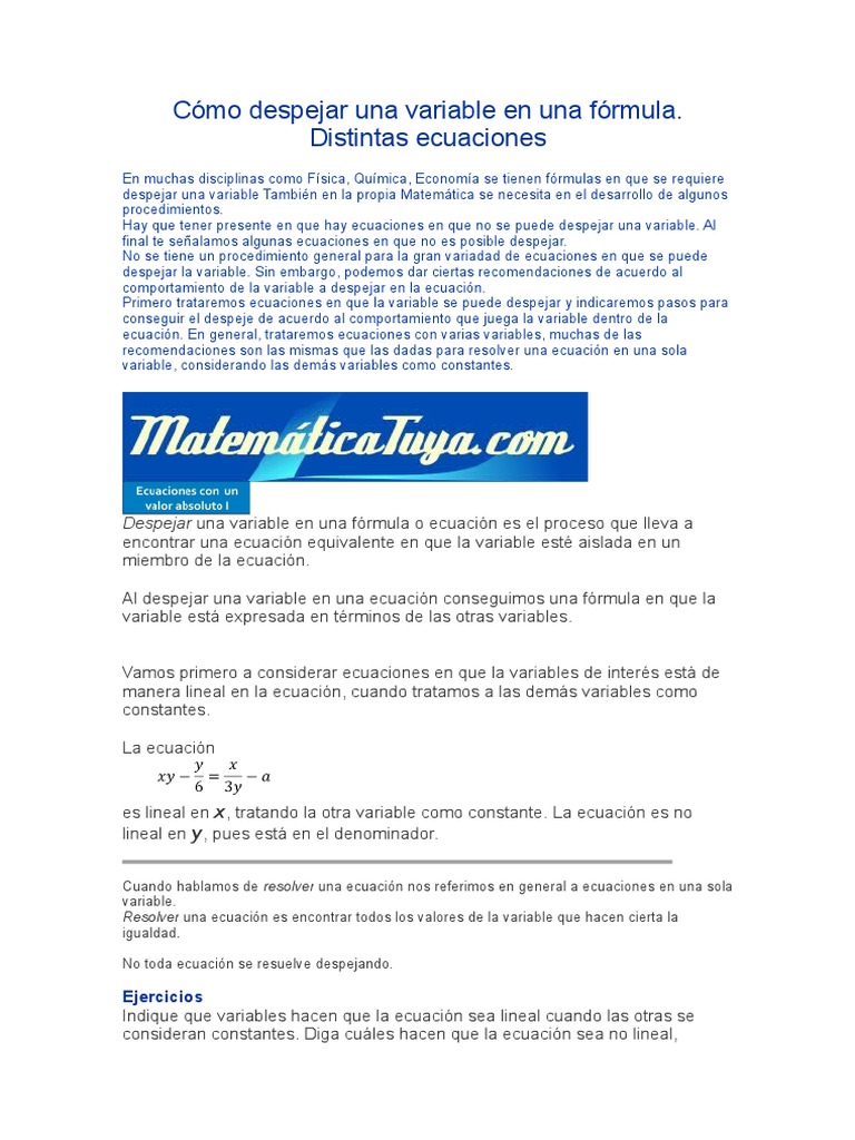 Cómo Despejar Una Variable en Una Fórmula Descargar gratis PDF