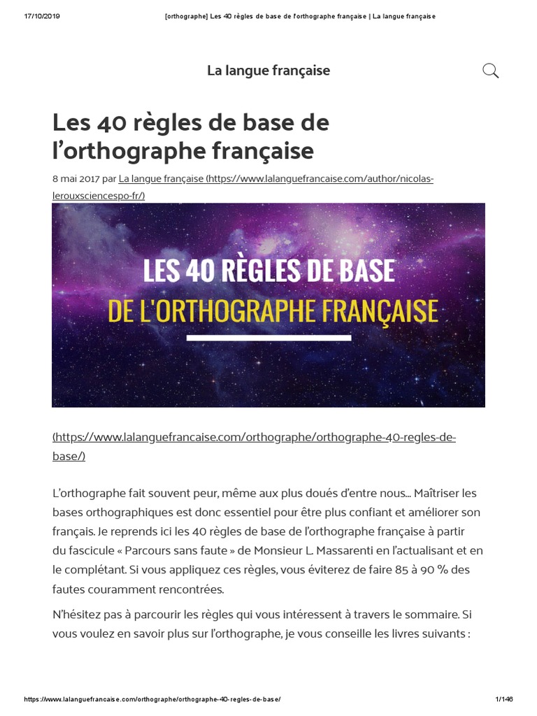 Les 40 Regles De Base De L Orthographe Francaise Genre Grammatical Morphologie