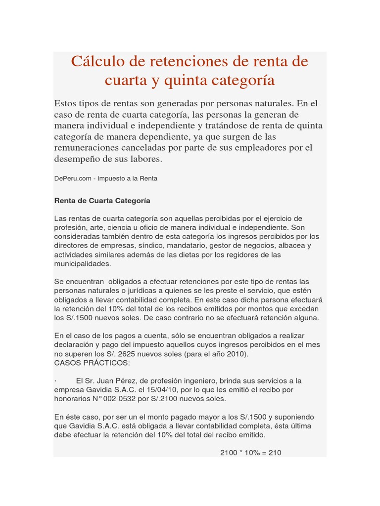 Cálculo de Retenciones: 4ta y 5ta Categoría | PDF | Salario | Impuesto ...