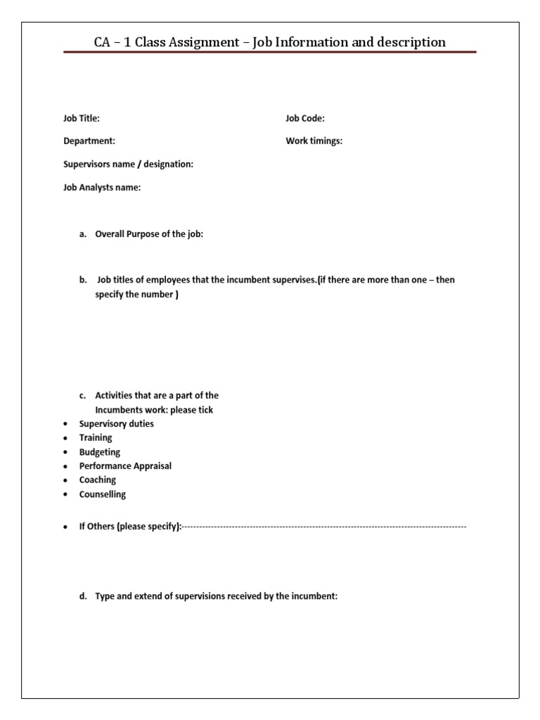 CA - 1 Class Assignment - Job Information and Description | PDF ...