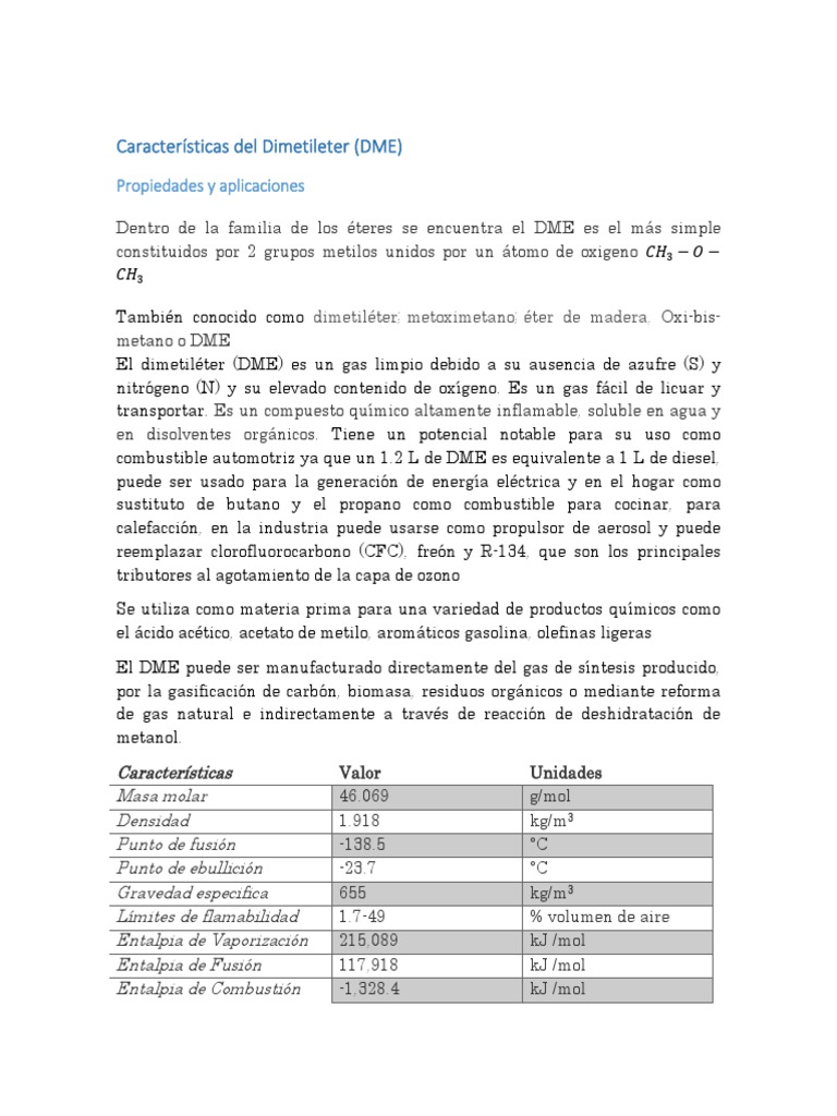 Características y Usos del Dimetiléter | PDF | Gas natural | Oxígeno