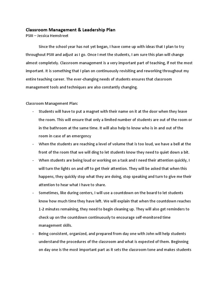 Classroom Management Plan | PDF | Classroom Management | Applied Psychology