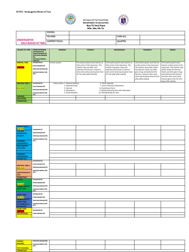 R7KF1 Kindergarten Blocks of Time PDF Teaching Teachers