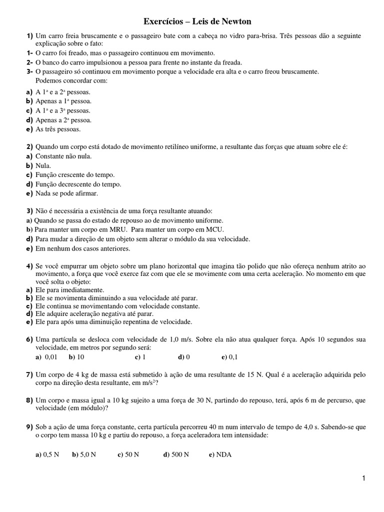 Exercícios sobre Leis de Newton | PDF | Leis do Movimento de Newton | Força