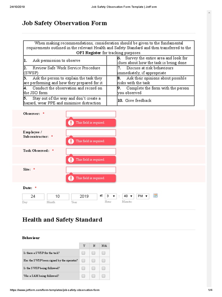 Job Safety Observation Form Template | PDF | Personal Protective ...