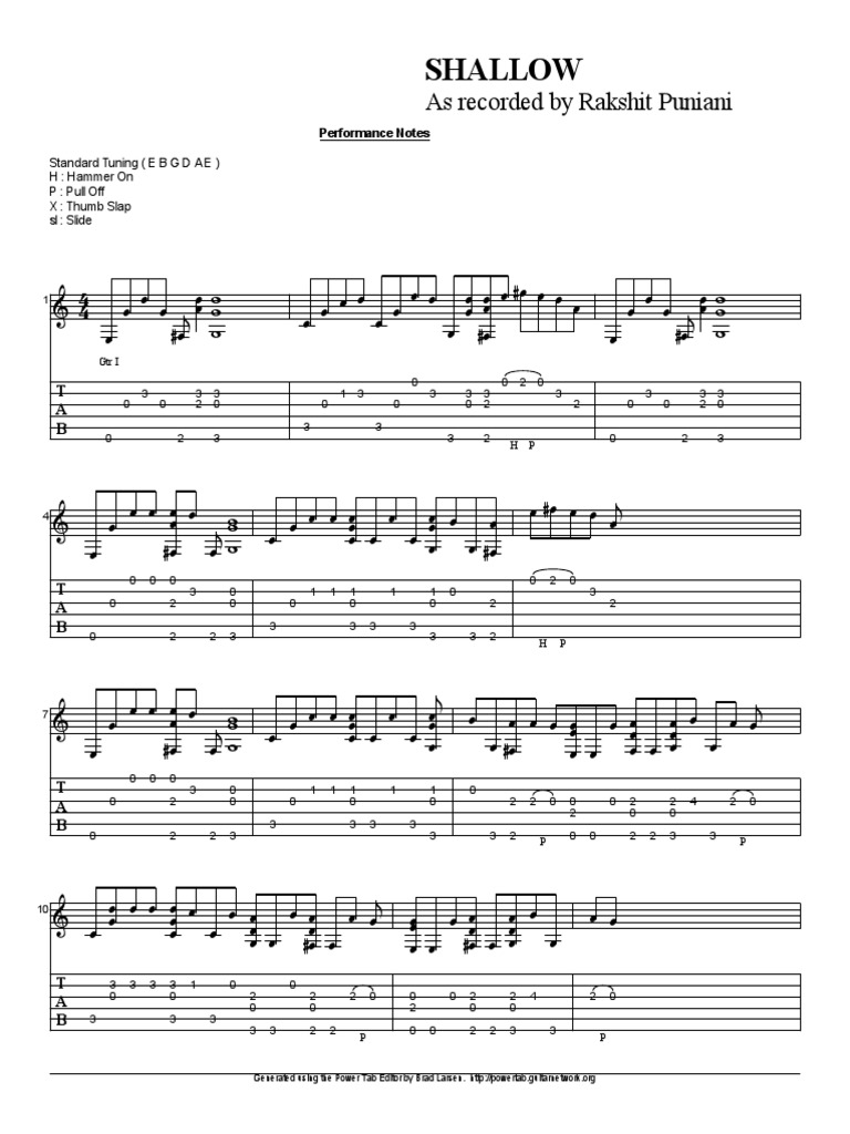 Shallow Guitar Tab by Rakshit Puniani | PDF