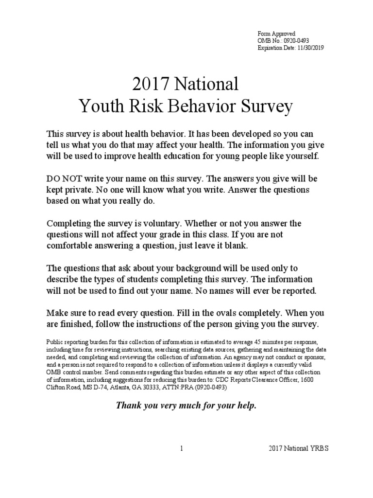 2017 Yrbs National Hs Questionnaire PDF | PDF | Tobacco Products ...