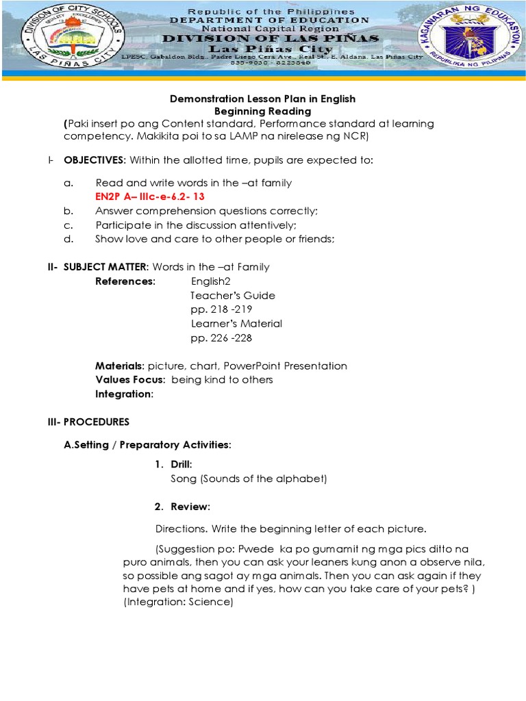 Demonstration Lesson Plan in English Grade Iv: En2P A - Iiic-E-6.2-13 ...