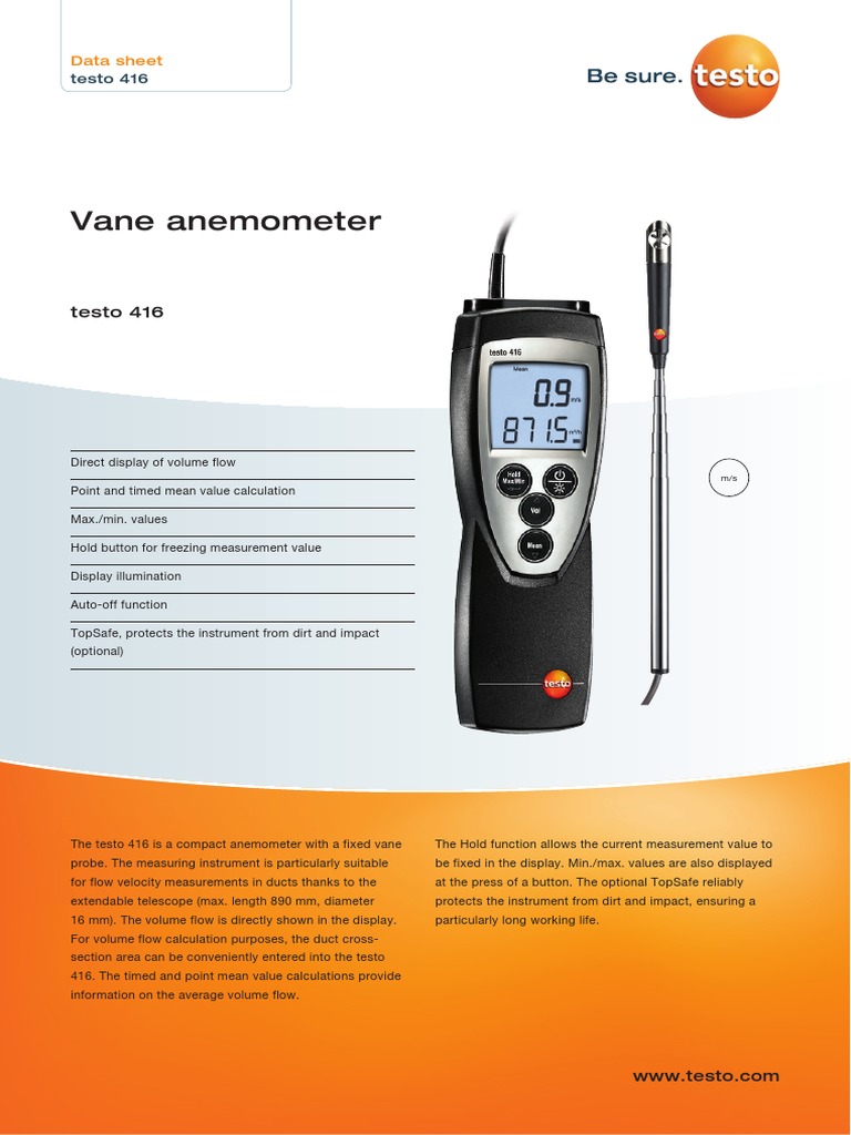 Vane Anemometer Testo 416 PDF Measuring Instrument Calibration