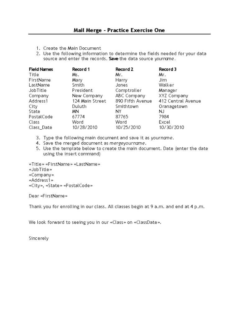 Mail Merge Practice Exercise One Field Names Record 1 Record 2