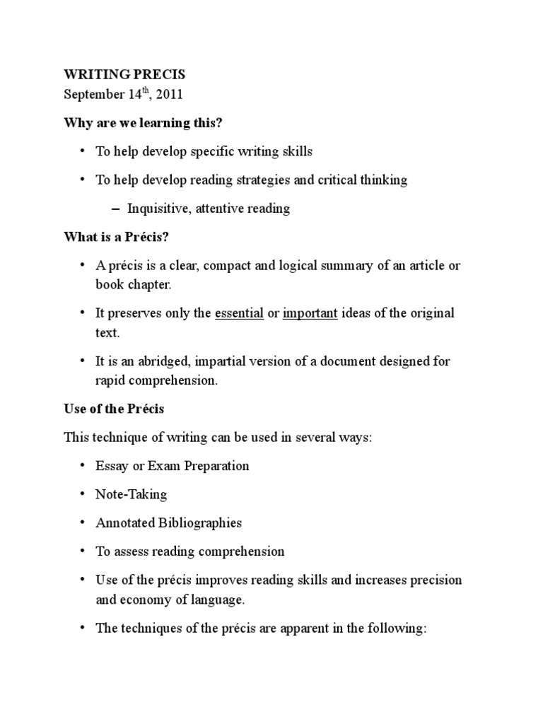An Introduction to Précis Writing Guidelines for Developing Reading