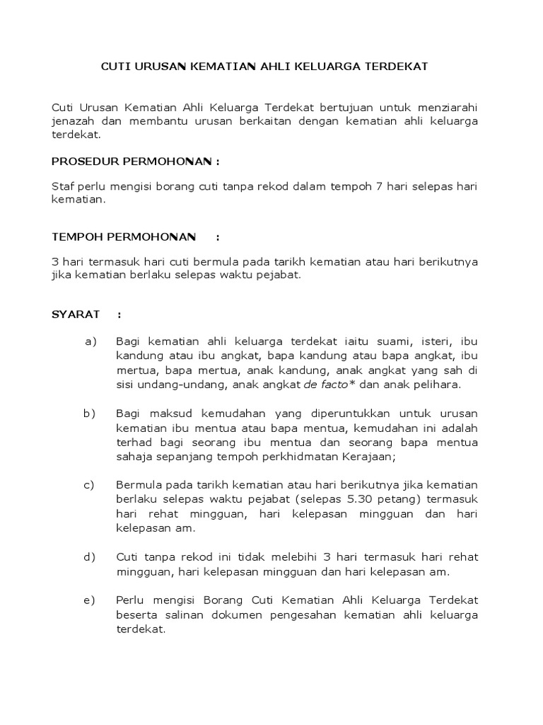 Panduan Cuti Cuti Urusan Kematian Ahli Keluarga Terdekat Pdf