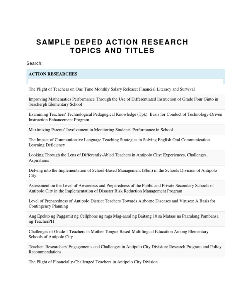 sample deped action research topics and titles