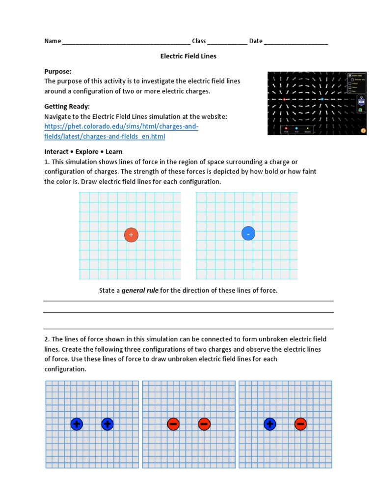 Electric Field Line Worksheet PDF