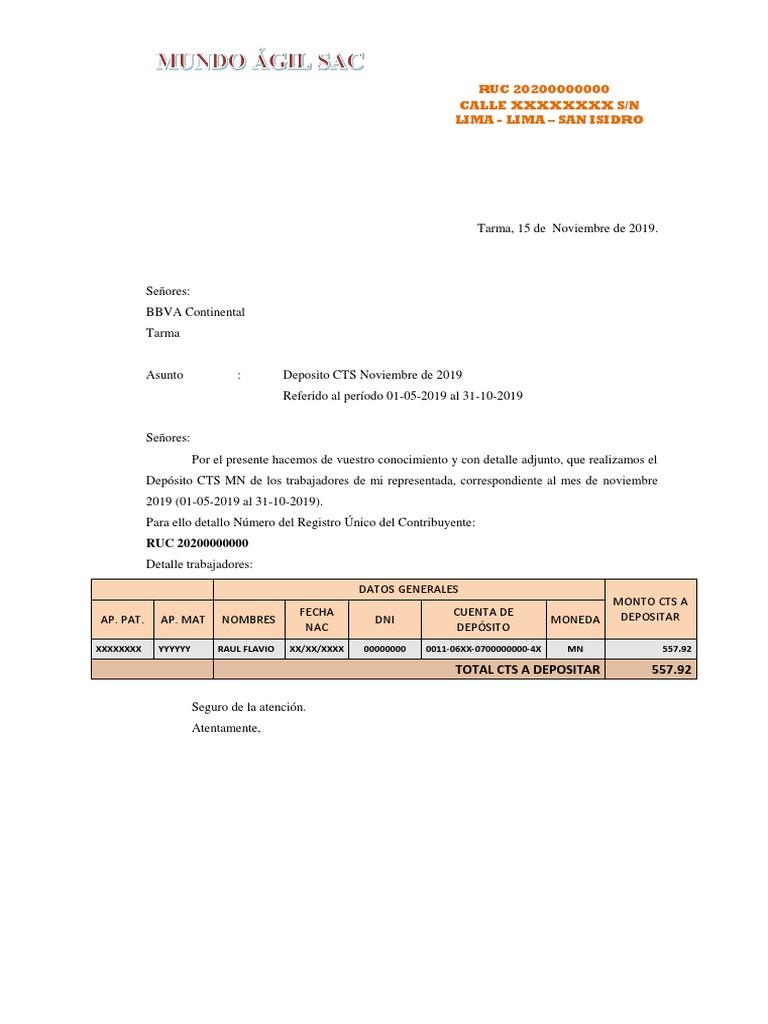 Modelo Carta Deposito Cts Noviembre 2019 Al Bbva Pdf