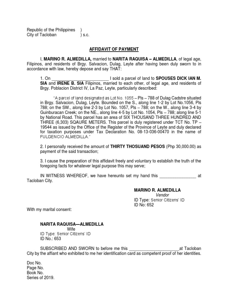 Affidavit of Payment - Almedilla | PDF