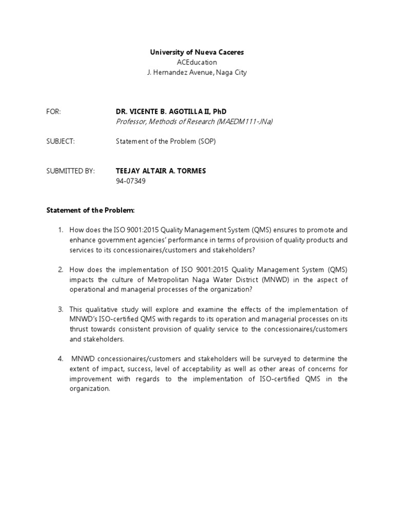 Statement of The Problem (SOP) | PDF | Business