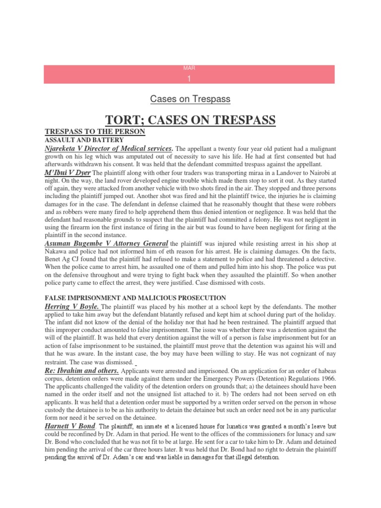 Tort Cases On Trespass Trespass To The P | PDF | Trespass | Remand ...