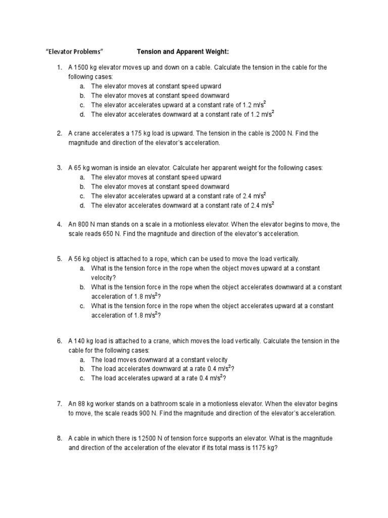 Elevator Problems Pdf Tension Physics Acceleration