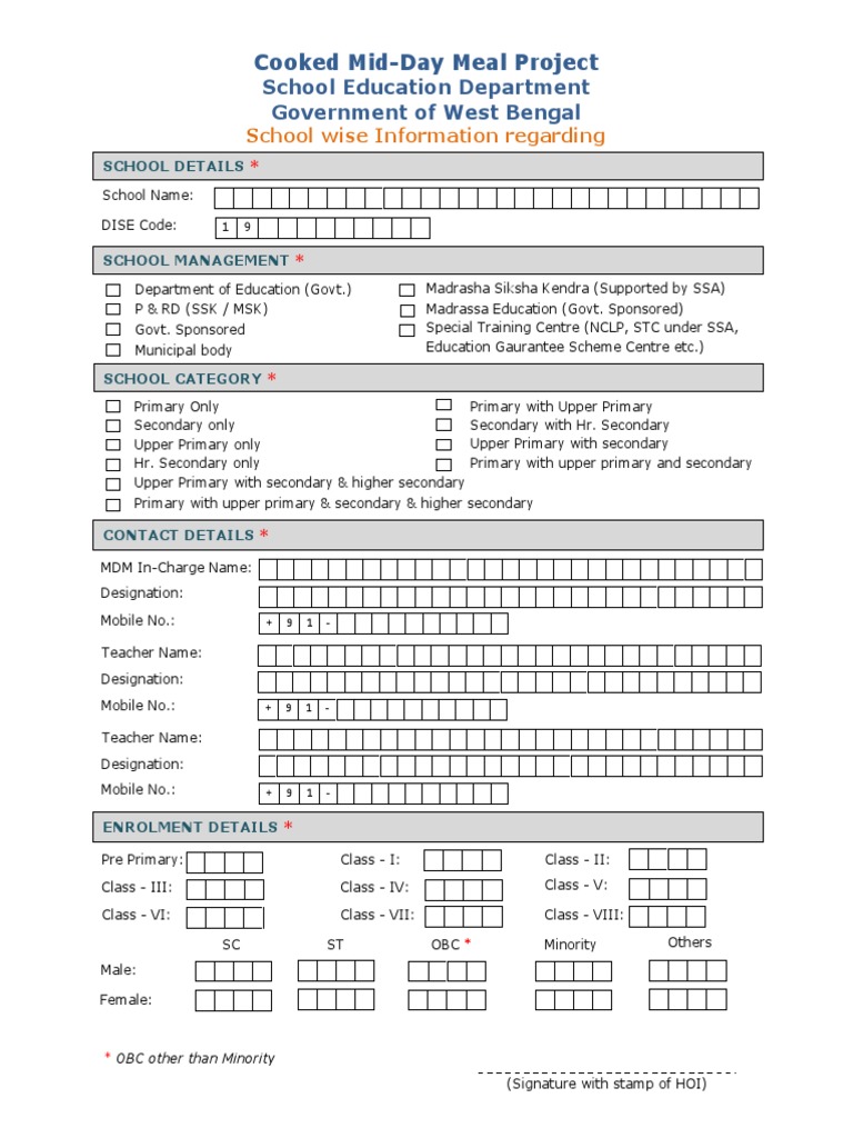 Mid-Day Meal Project School Details | PDF