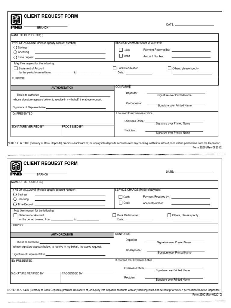 Client Request Form PDF | Download Free PDF | Deposit Account | Payments