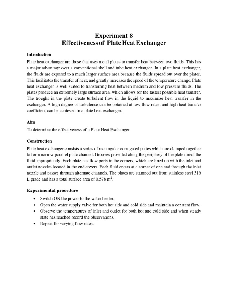 Experiment 8 Effectiveness of Plate Heat Exchanger | PDF | Heat ...