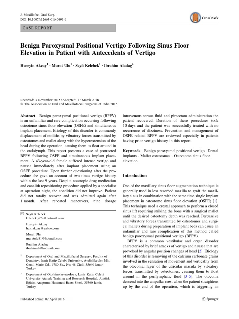 Benign Paroxysmal Positional Vertigo Following Sinus Floor Elevation in