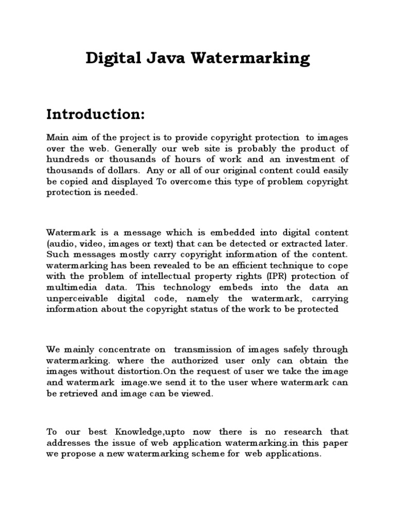 1 Synopsis Digital Java Watermarking PDF World Wide Web