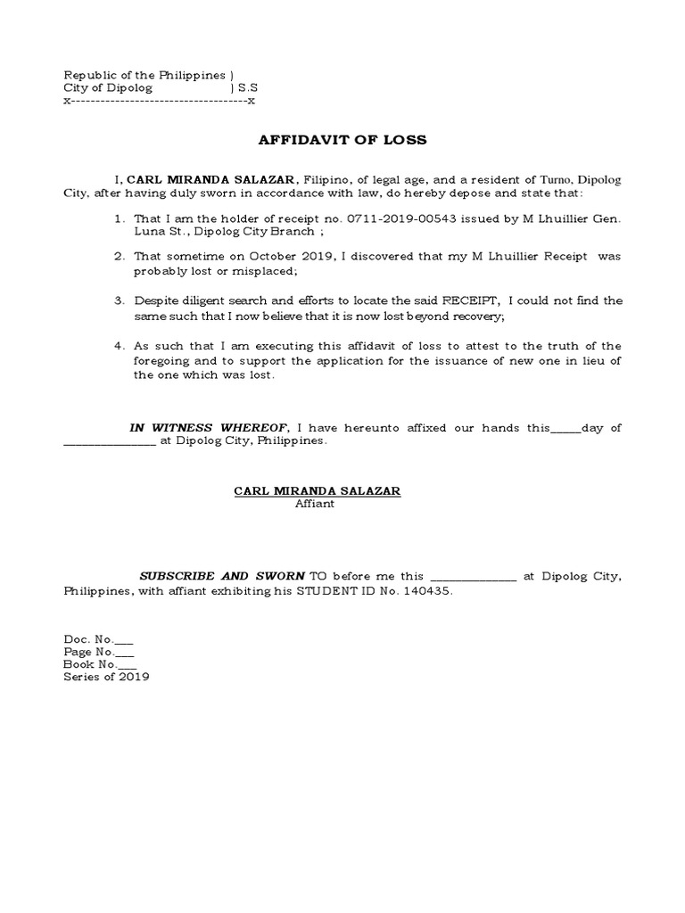 Affidavit of Loss RECEIPT SALAZAR | PDF | Affidavit | Public Law