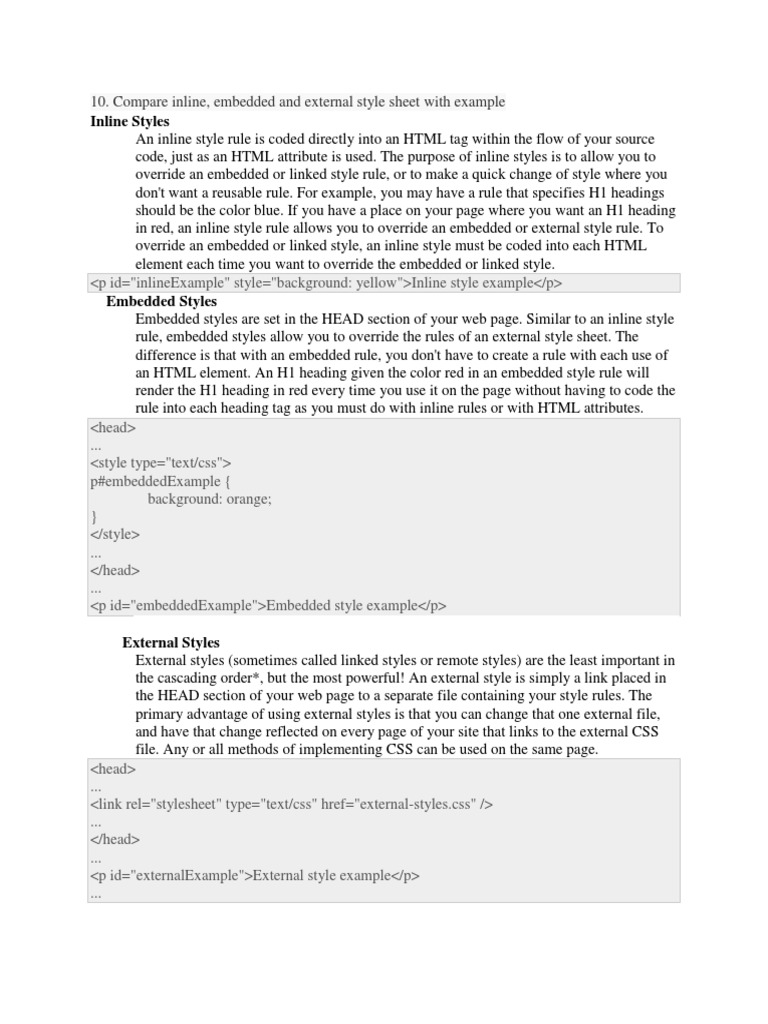 Inline Styles: 10. Compare Inline, Embedded and External Style Sheet ...
