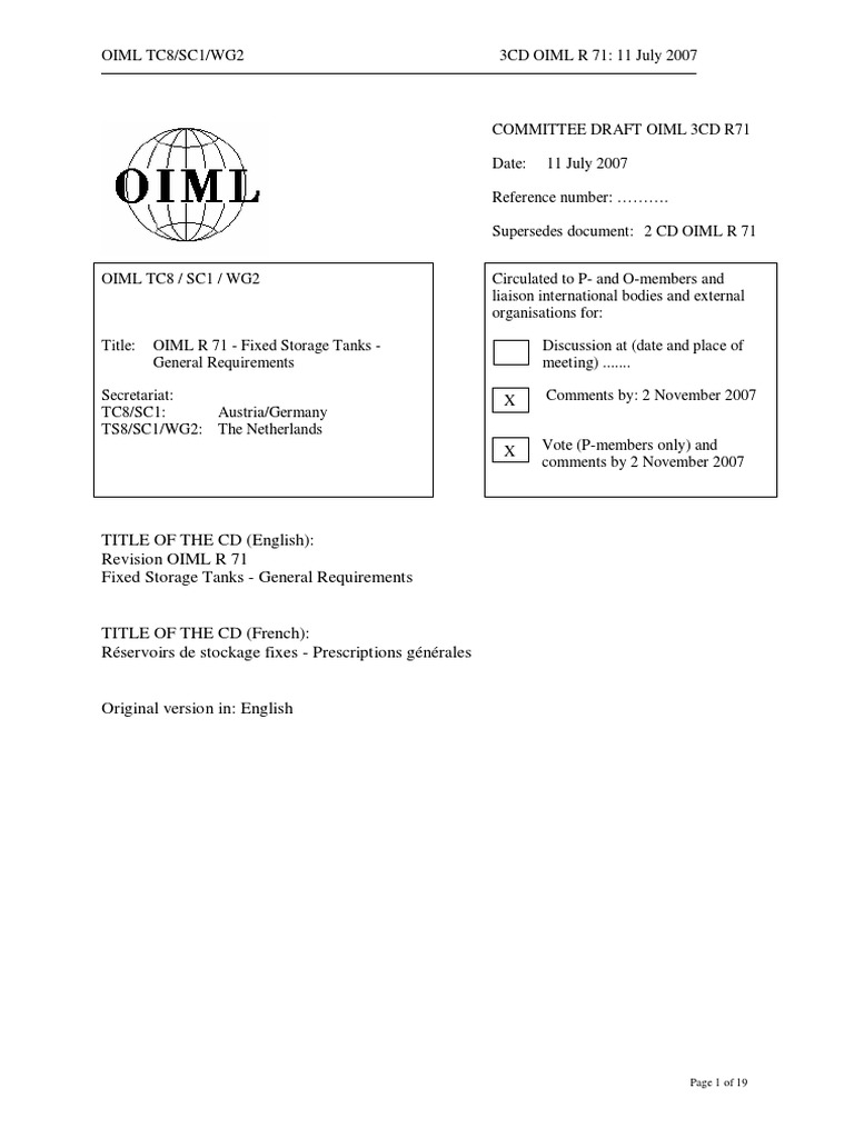 Revision of OIML R 71 - Fixed Storage Tanks - General Requirements ...