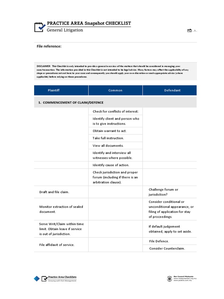 General Litigation Checklist Template | PDF | Lawsuit | Legal Procedure