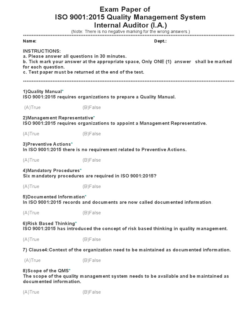 Exam Paper Of Iso 9001 2015 Quality Management System Internal Auditor Iso 9000 Evaluation