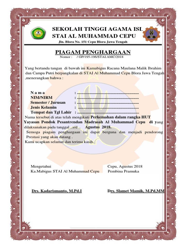 Contoh Piagam Kegiatan Kemah Pramuka | PDF