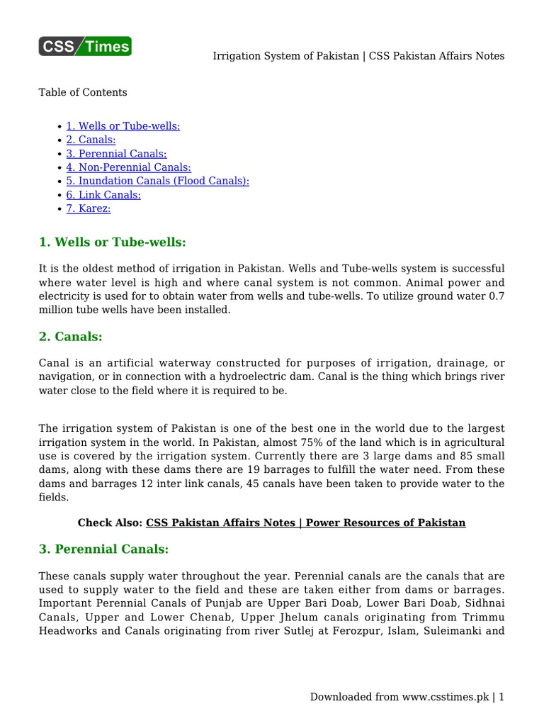 Irrigation System of Pakistan CSS Pakistan Affairs Notes PDF
