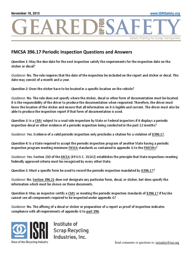 Fmcsa 396 17 Periodic Inspection Q A | PDF