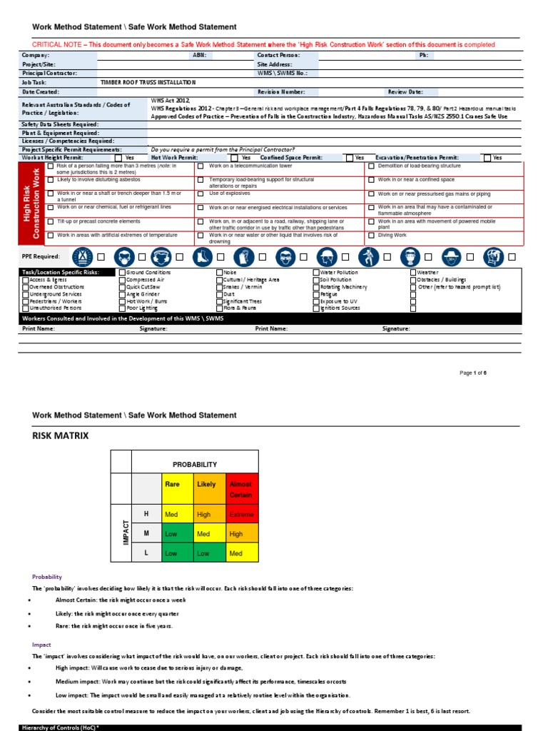 Timber Roof Truss Installation SWMS | PDF | Personal Protective ...