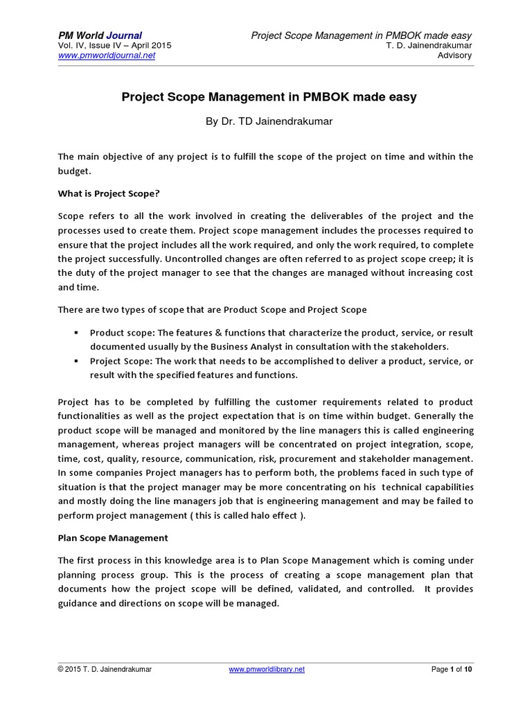 Project Scope Management Planning Example PDF  PDF  Project
