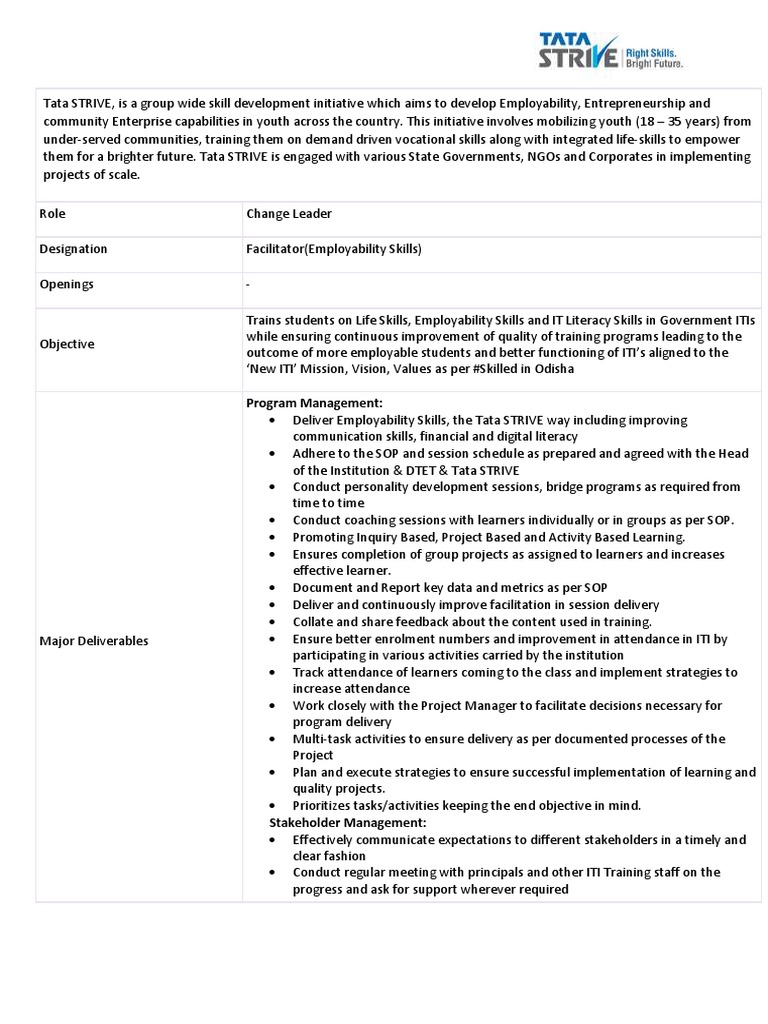 Tata STRIVE Employability Skills Facilitator | PDF | Literacy ...