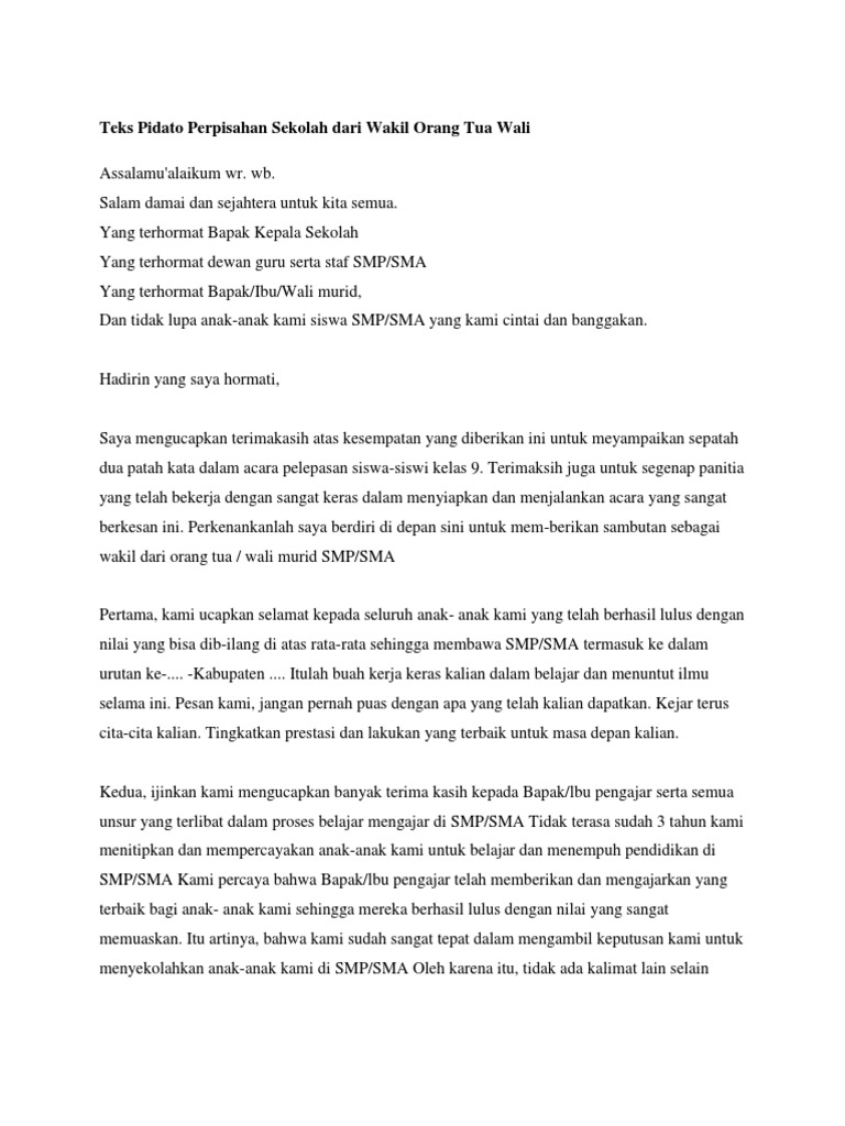 Teks Pidato Perpisahan Sekolah Dari Wakil Orang Tua Wali