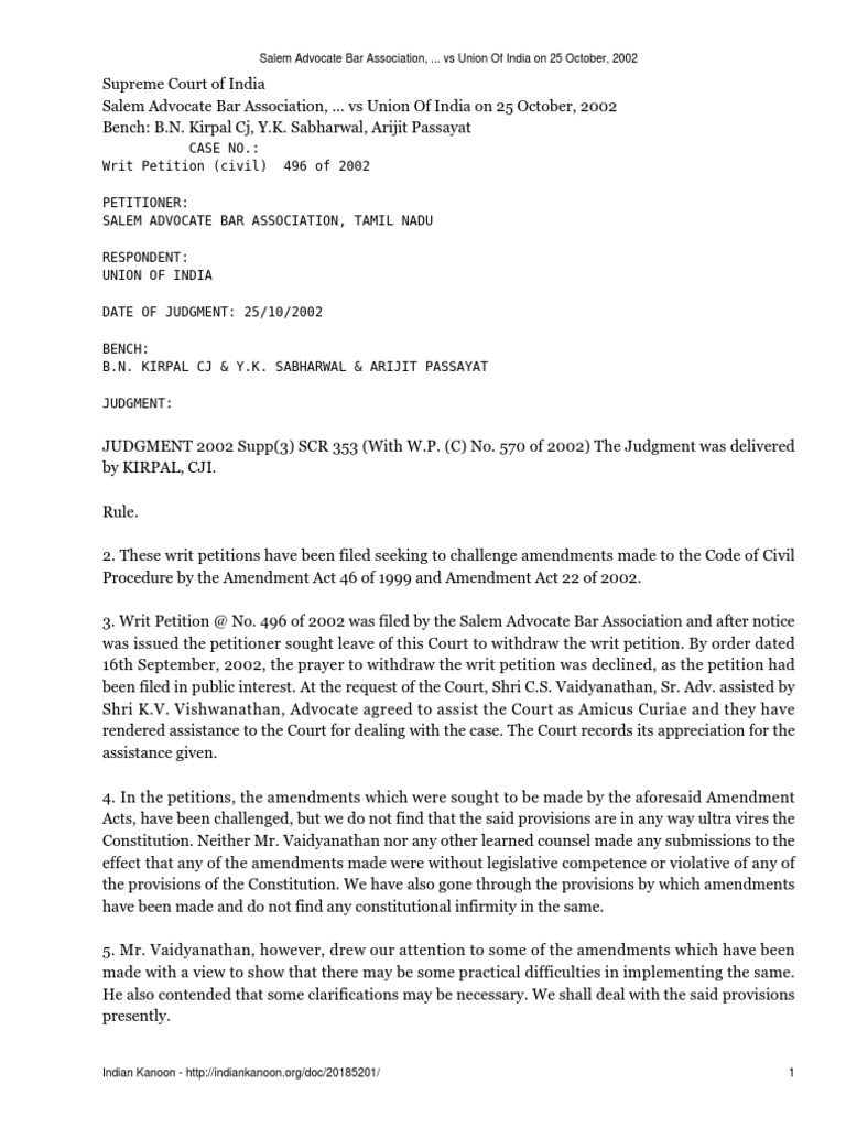 Salem Advocate Bar Association, Vs Union of India On 25 October, 2002 PDF Alternative