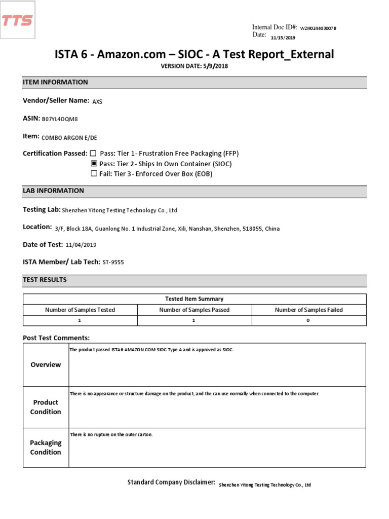 ISTA 6 SIOC Test Report for AXS Product | PDF