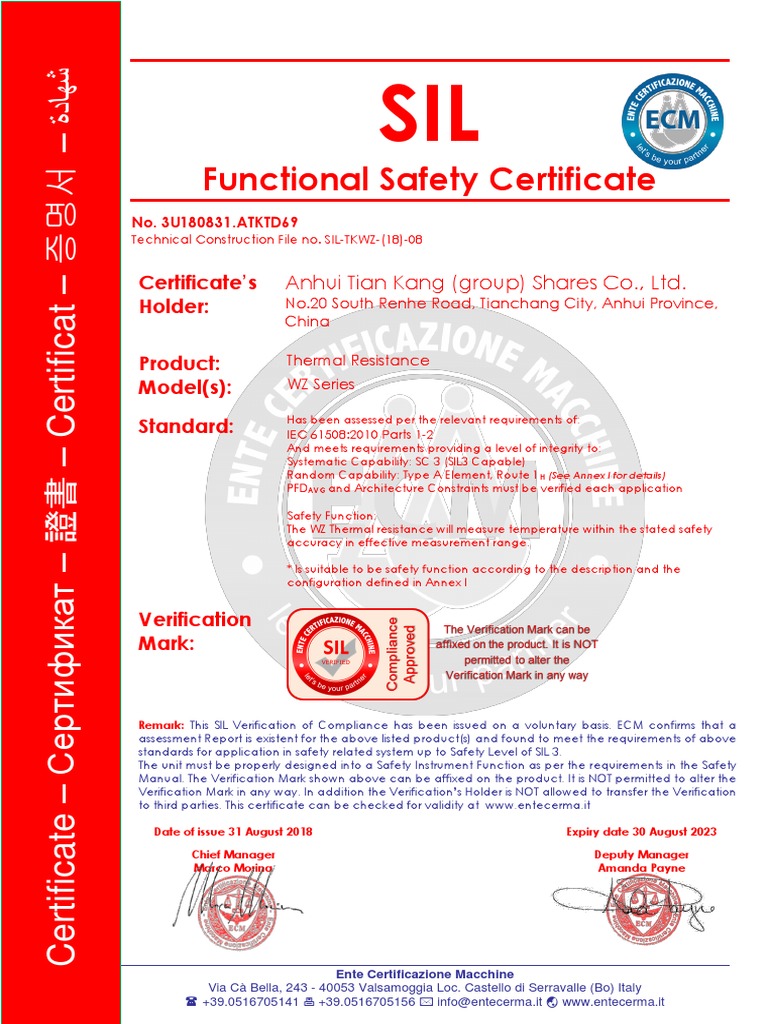 Functional Safety Certificate: Certificate's Holder: Product: Model(s ...