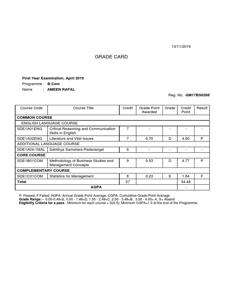 Grade Card: Common Course | PDF
