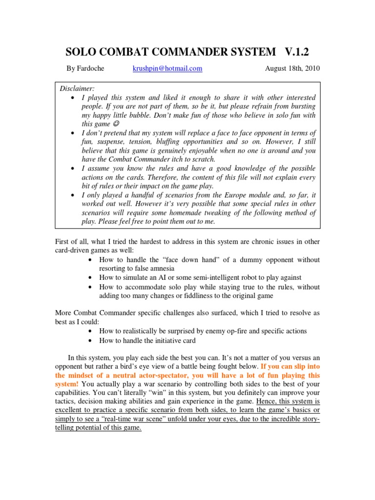 Solo Combat Commander System Guide | PDF | Reconnaissance | Leisure
