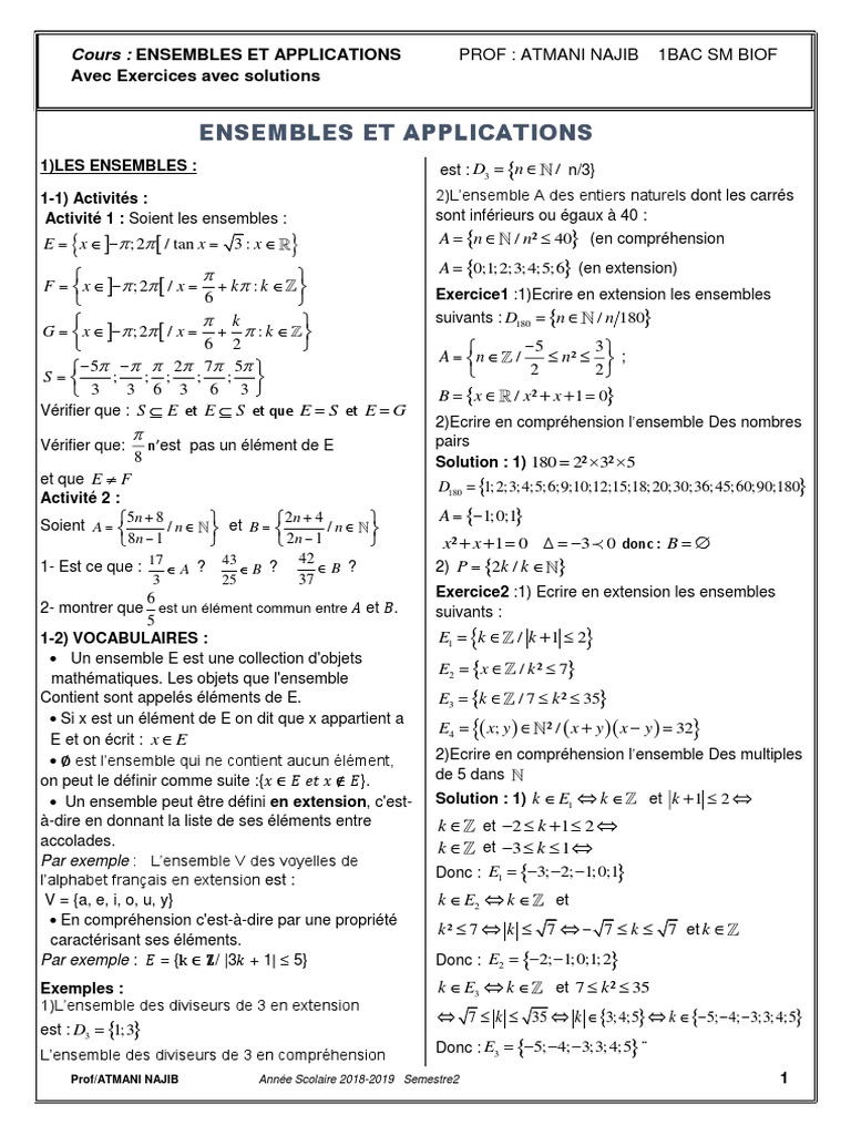 Ensemble En Extension Et En Compréhension Exercices Corrigés Ensembles Et Applications Cours Et Exercices Corriges | PDF | Inclusion  (mathématiques) | Ensemble (Mathématiques)