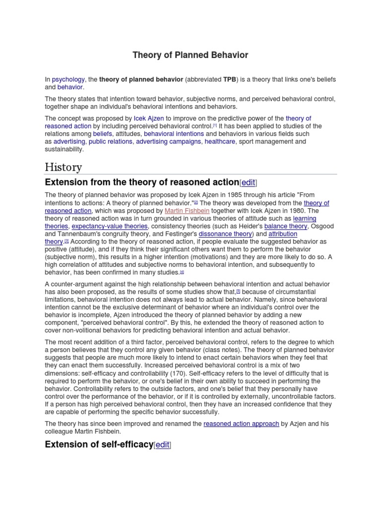 History: Theory of Planned Behavior | PDF | Self Efficacy | Attitude ...