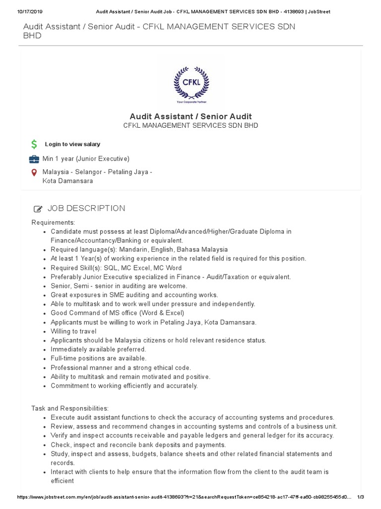 Audit Assistant - Senior Audit Job - CFKL Management Services SDN BHD ...