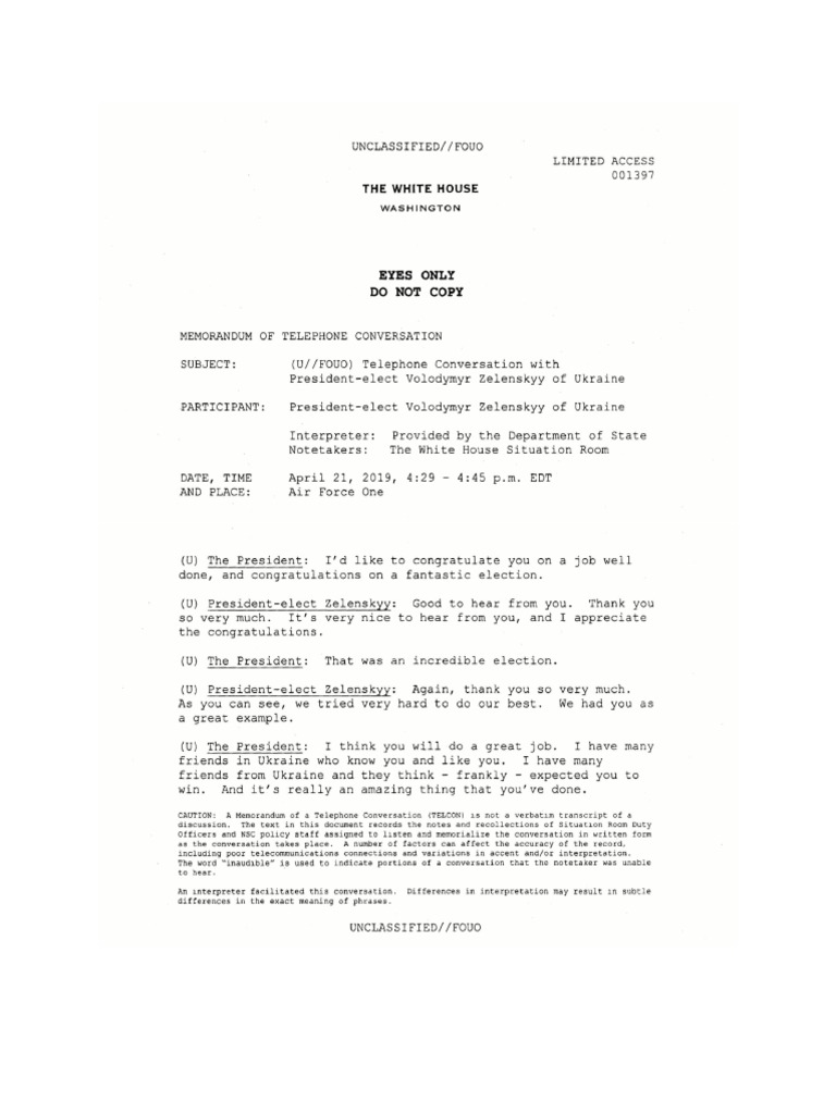 WH Releases Transcript of Trump Call With Zelensky in April | PDF